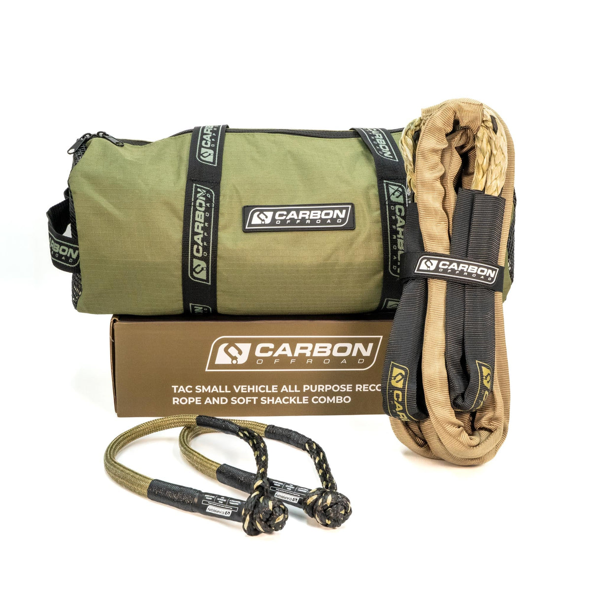 TAC small vehicle recovery rope and soft shackle set in olive bag with Carbon Offroad on Tampa Home & Garden Store