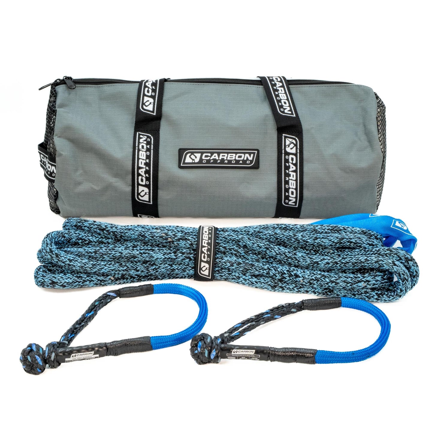 Small Vehicle Recovery Rope and Soft Shackle Combo in gray bag with Carbon Offroad USA branding and blue braided rope on Tampa Home & Garden Store