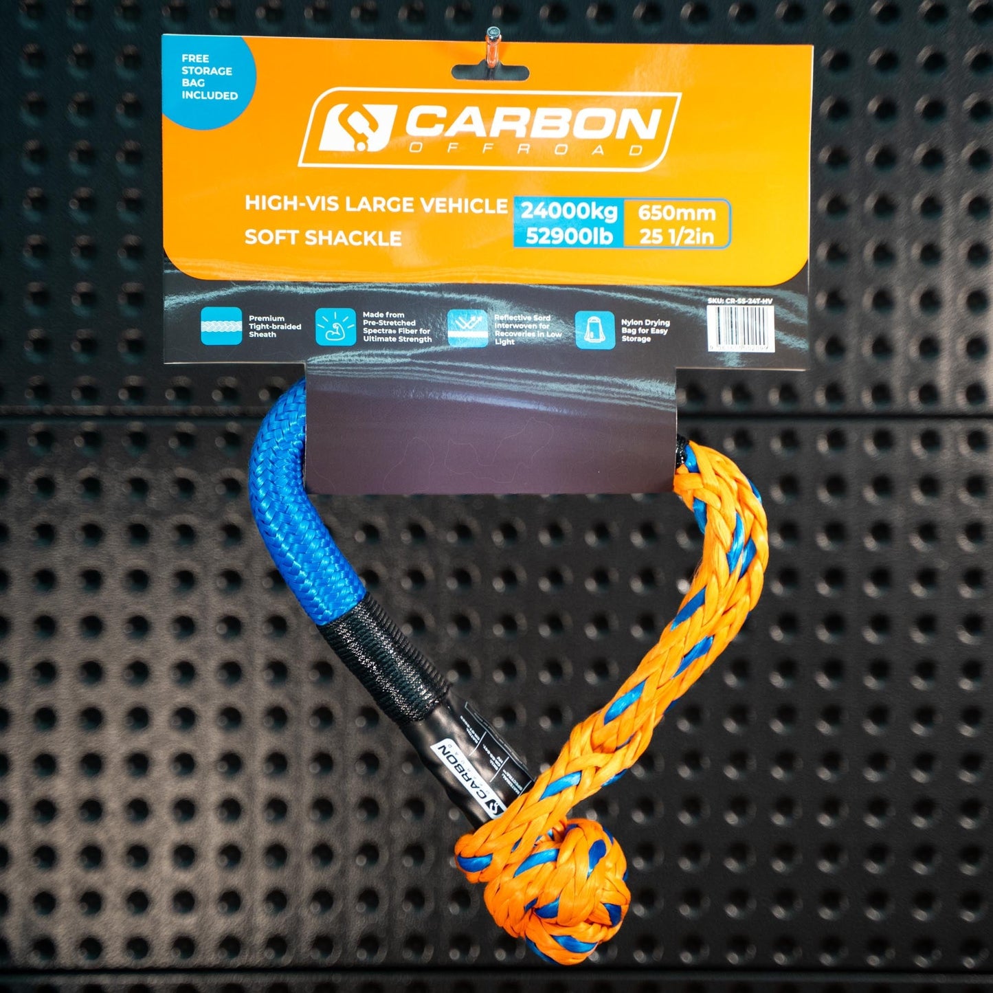Large Vehicle High-Vis Soft Shackle by Carbon Offroad USA with blue-orange braided rope on Tampa Home & Garden Store