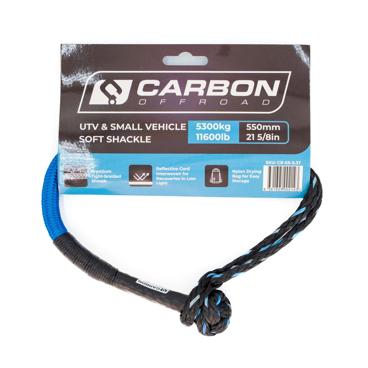 UTV & Small Vehicle Soft Shackle by Carbon Offroad USA, blue/black braided rope on packaging on Tampa Home & Garden Store