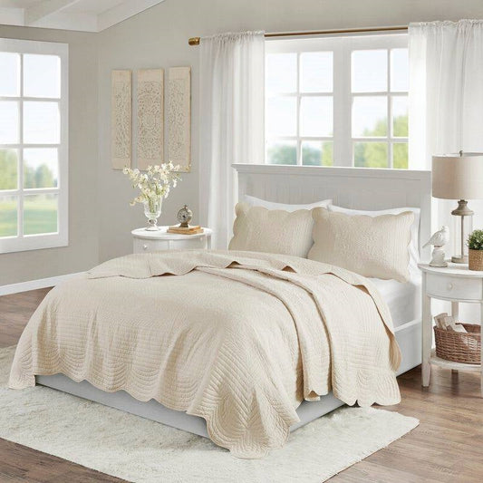 King Size 3 Piece Reversible Scalloped Edges Microfiber Quilt Set in Cream - Tampa Home & Garden Store