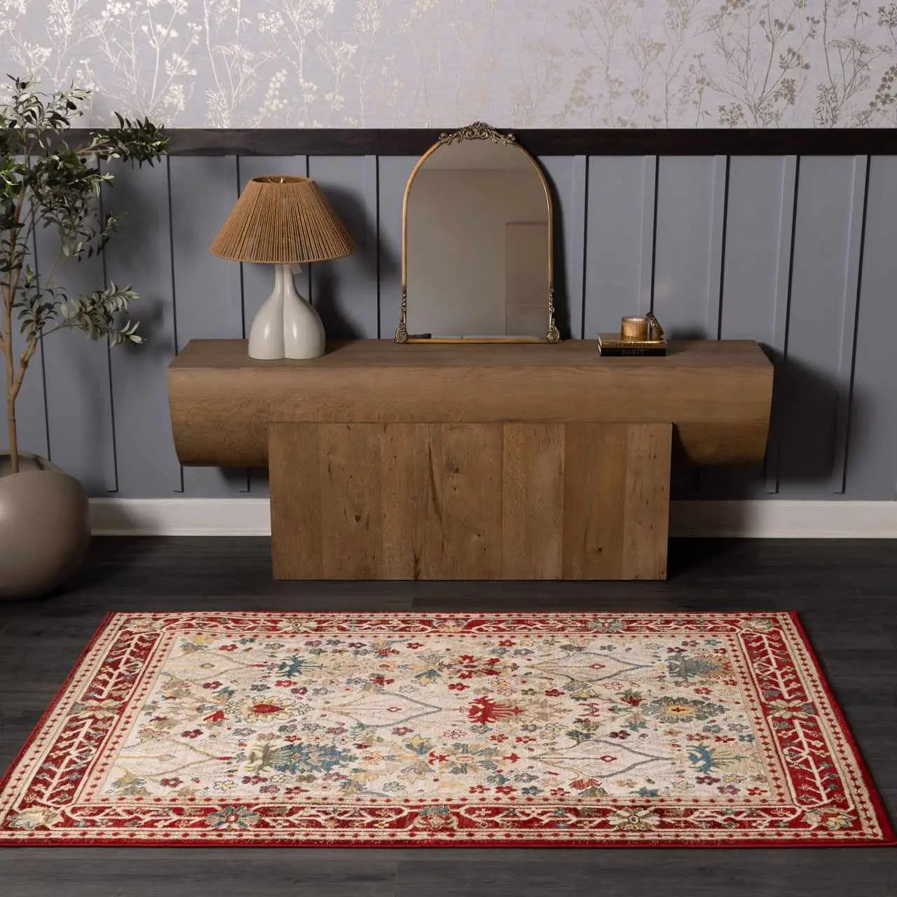 Neola White and Red Damask Area Rug by Boutique Rugs, white base with red damask pattern on Tampa Home & Garden Store
