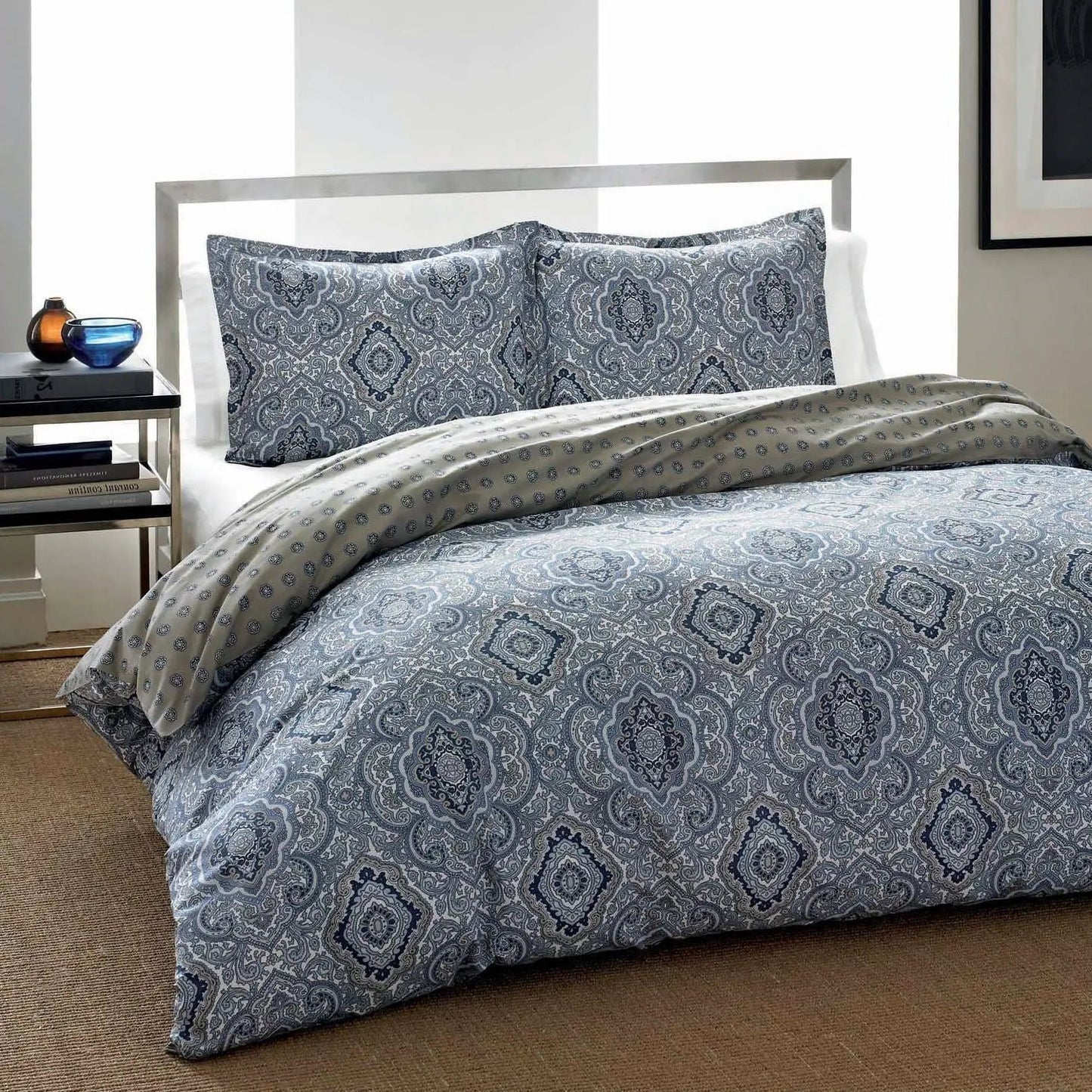 King size cotton comforter set in blue grey damask pattern with matching shams on Tampa Home & Garden Store