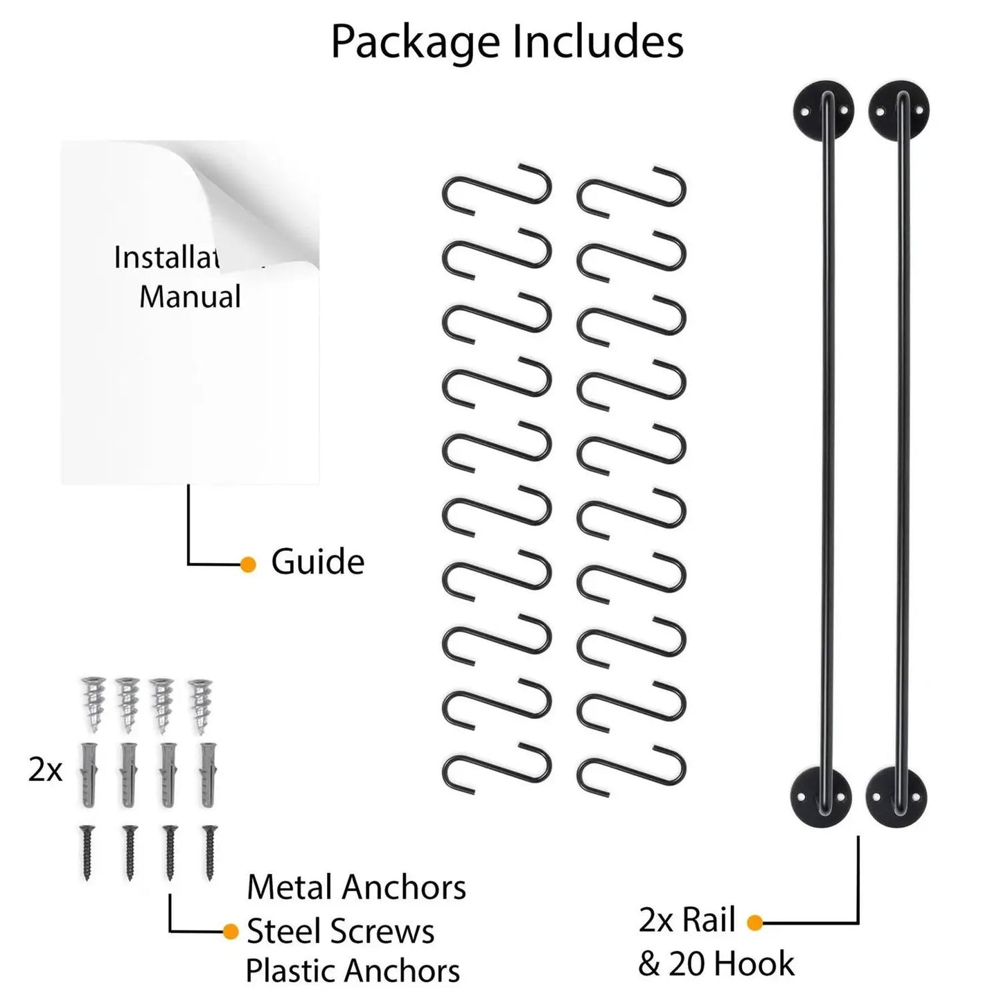 Set of 2 black metal wall-mounted pot racks with 20 hooks and mounting hardware on Tampa Home & Garden Store