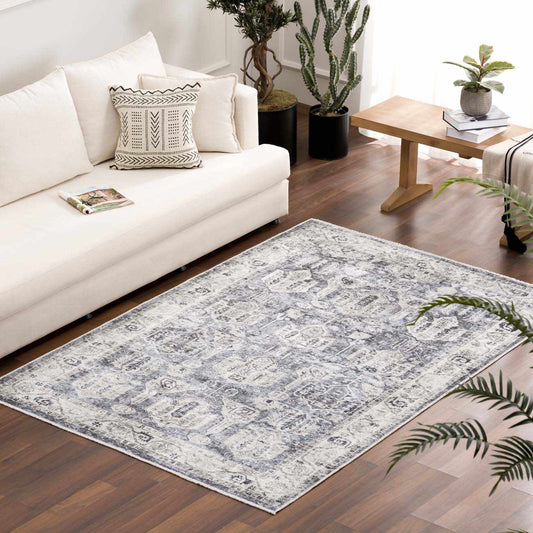 Off White Holi-4602 Washable Area Rug by Boutique Rugs with blue-gray vintage pattern on Tampa Home & Garden Store