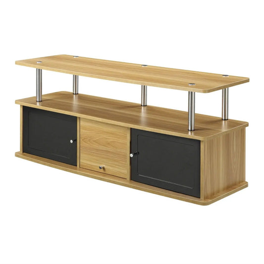 Modern TV Stand in Light Oak and Black Finish with chrome posts, black doors and wood drawer on Tampa Home & Garden Store