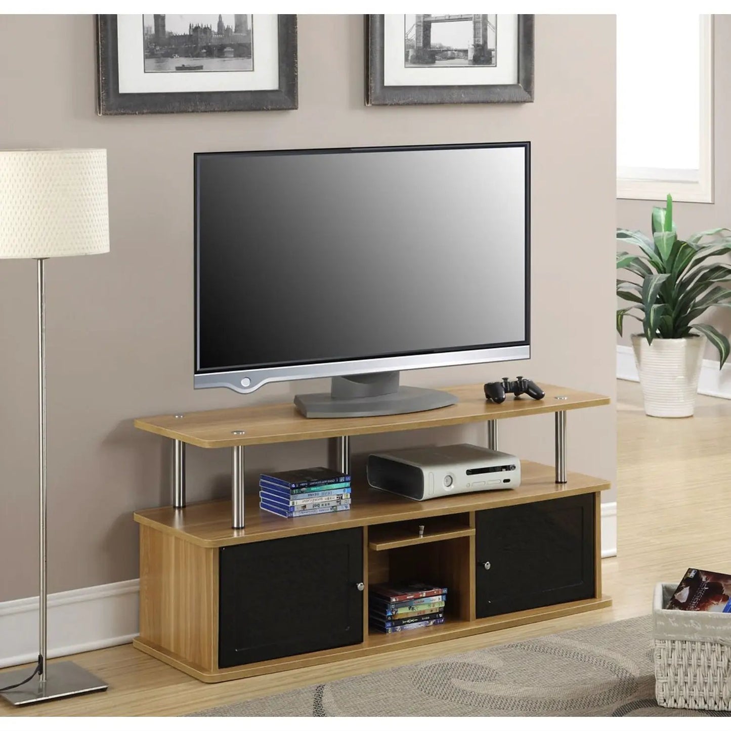Modern 50-inch TV Stand in Light Oak / Black Wood Finish - Tampa Home & Garden Store