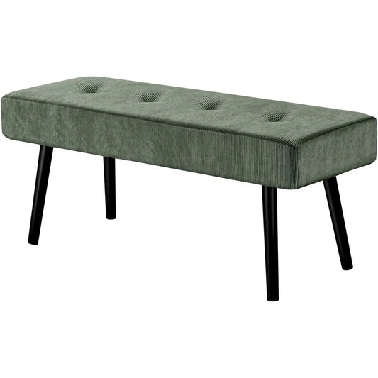 Mid-Century green corduroy end of bed bench by HomePacific with black tapered legs on Tampa Home & Garden Store