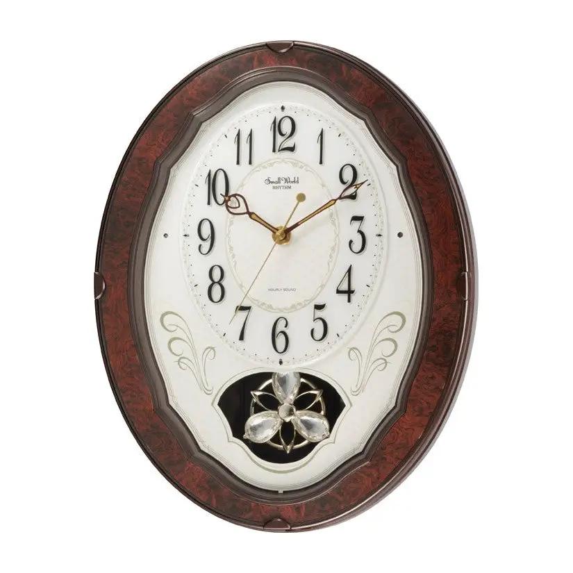 Wood pendulum wall clock with white dial, brown wood frame, crystal pendant, HomePacific on Tampa Home & Garden Store