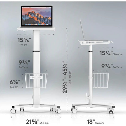 White hospital-style stand-up computer desk on a base with adjustable height on wheels on Tampa Home & Garden Store
