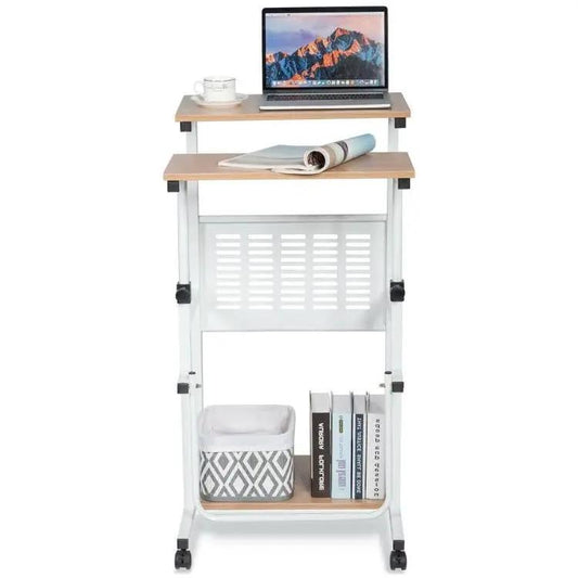 HomePacific adjustable height mobile desk with white frame and wood top, laptop on desk on Tampa Home & Garden Store