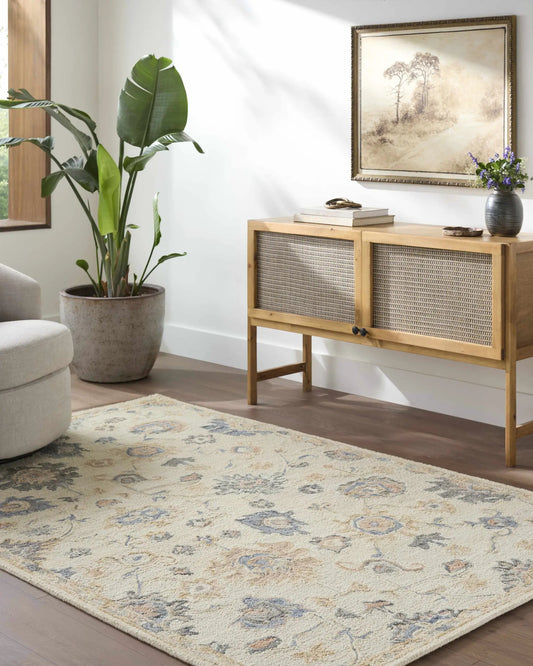 Candid Oushak Wool Area Rug in Dark Brown Floral with beige base and blue motifs Boutique Rugs on Tampa Home & Garden Store