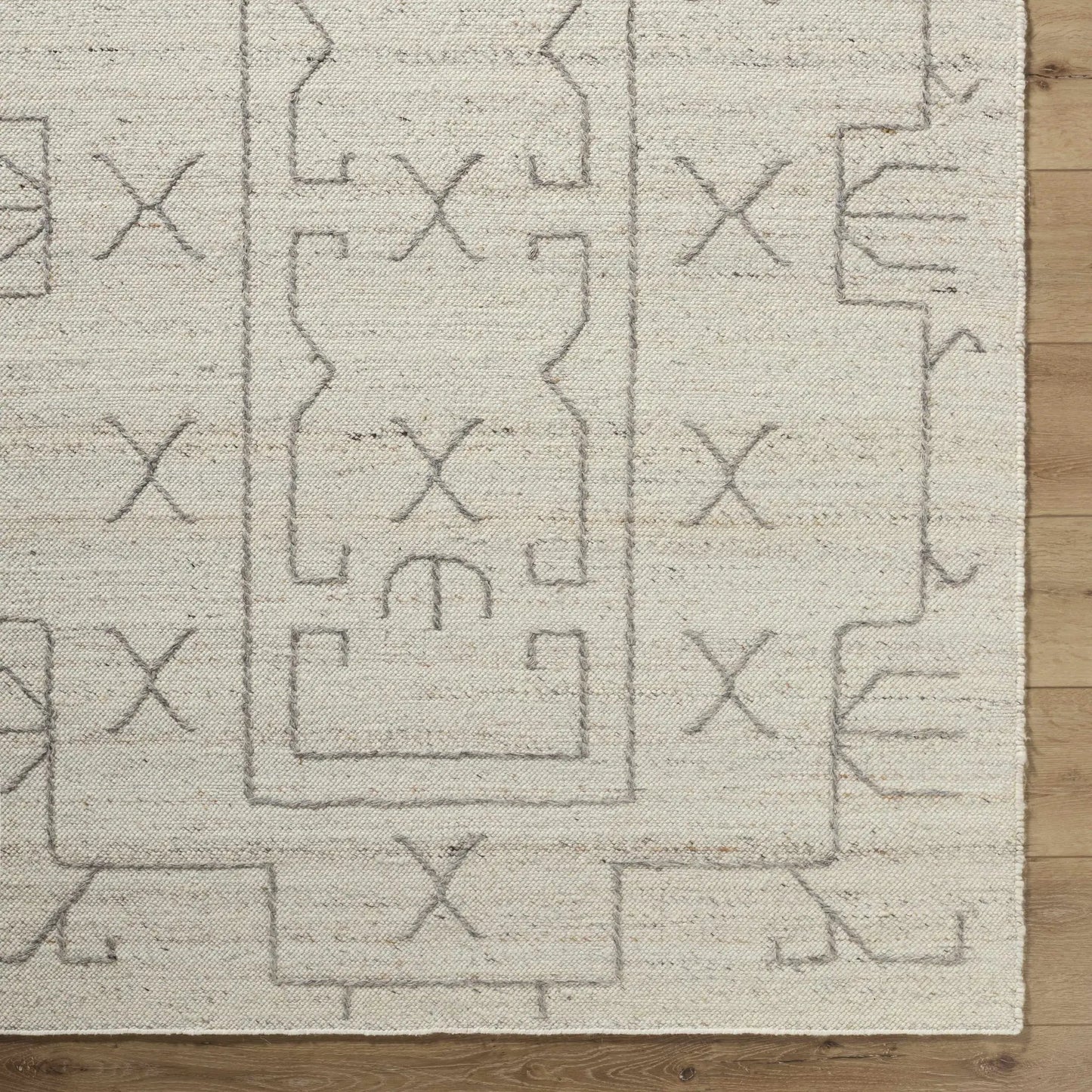 Chanda Beige Wool Area Rug hand woven with gray geometric pattern on beige background on Tampa Home & Garden Store
