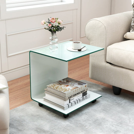 C-Shaped End Table Modern Tempered Glass Side Table with Shelf - Tampa Home & Garden Store