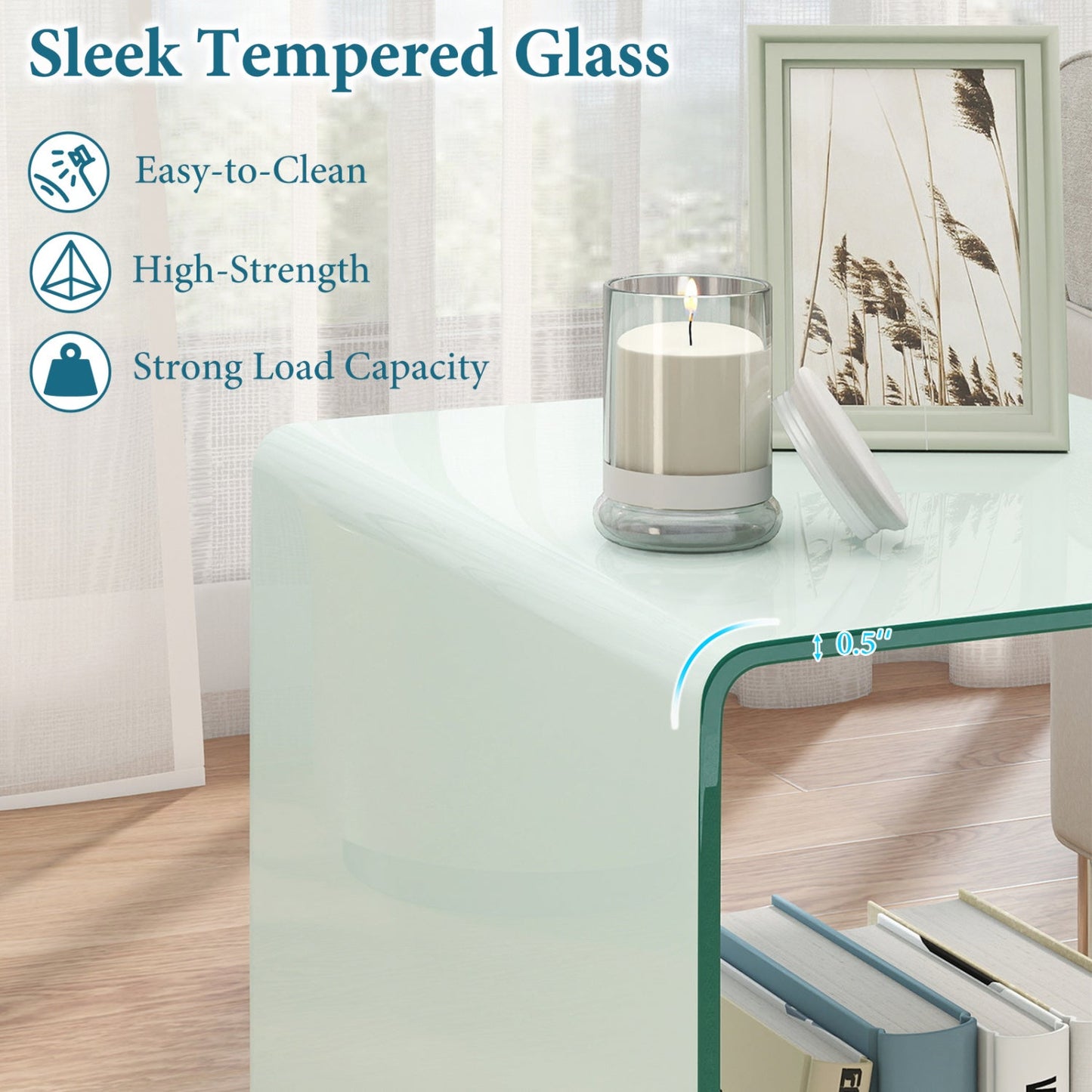 C-Shaped End Table Modern Tempered Glass Side Table with Shelf
