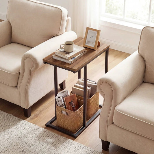 DirectDeals C Shaped End Table with wood top and black metal frame between beige chairs on Tampa Home & Garden Store