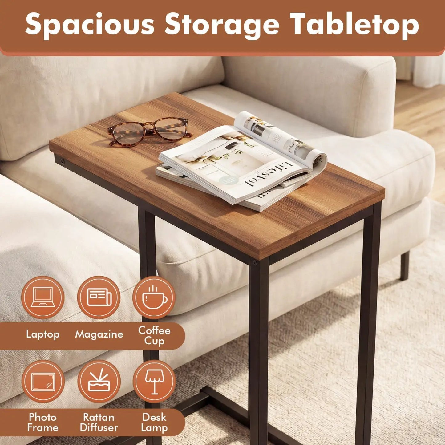 C-Shaped End Table with brown wood top and black metal frame beside beige sofa on Tampa Home & Garden Store