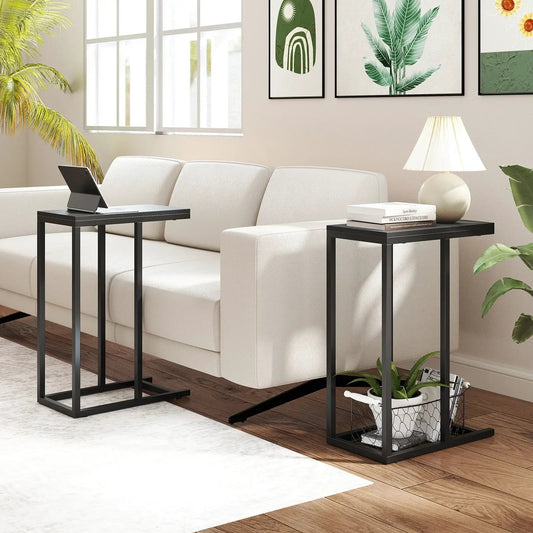C-shaped end table with black metal frame and dark wood top beside sofa holding tablet on Tampa Home & Garden Store