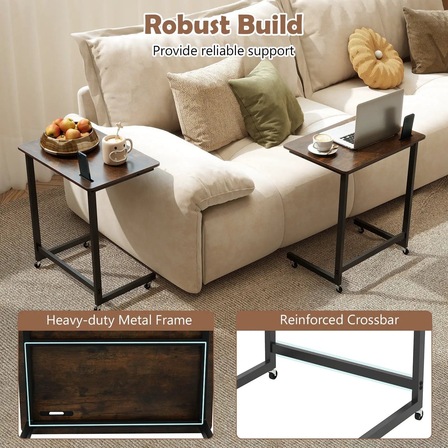Set of two C-shaped end tables with wheels in brown wood finish beside a beige sofa on Tampa Home & Garden Store