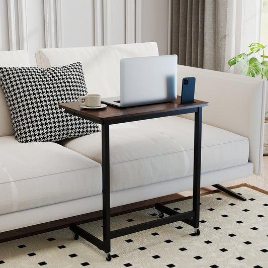 C-shaped End Table with Wheels Mobile Bedside Table with Built-in Phone Slot-Rustic Brown - Tampa Home & Garden Store