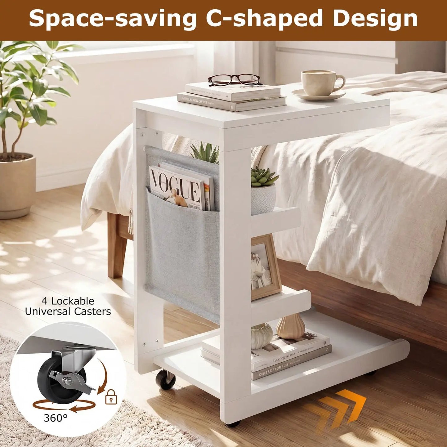 White C-shaped end table on wheels with 360° lockable casters, shelf and magazine pocket on Tampa Home & Garden Store