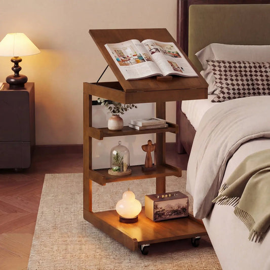 C-shaped wooden end table on wheels with lift-top desk beside bed and a lower shelf with decor on Tampa Home & Garden Store
