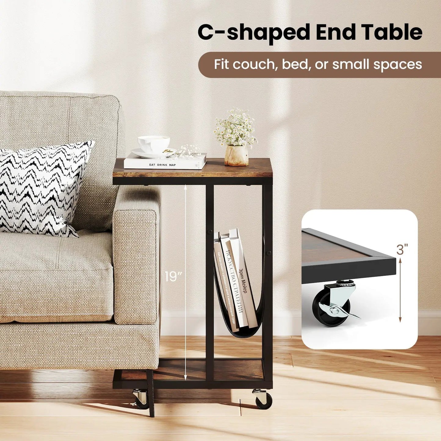 C-shaped Side Table with Canvas Storage Pouch and Metal Frame-Borwn - Tampa Home & Garden Store