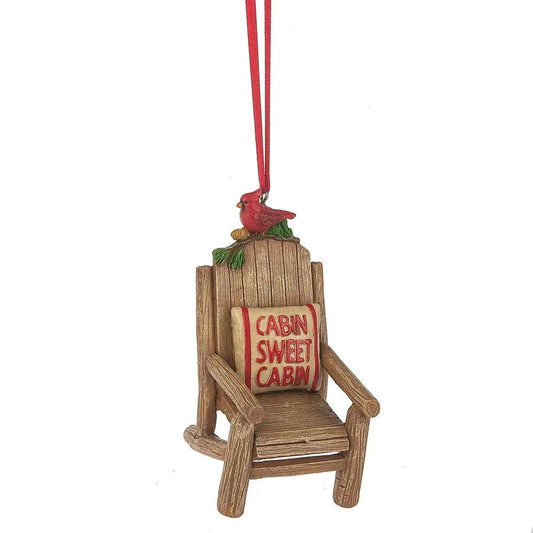 Cabin Sweet Cabin Chair Ornament with a red cardinal on a rustic wooden chair on Tampa Home & Garden Store