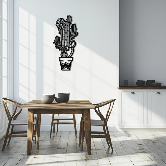 Cactus Metal Wall Art modern desert black cactus silhouette in pot on wall with 3 bowls on Tampa Home & Garden Store