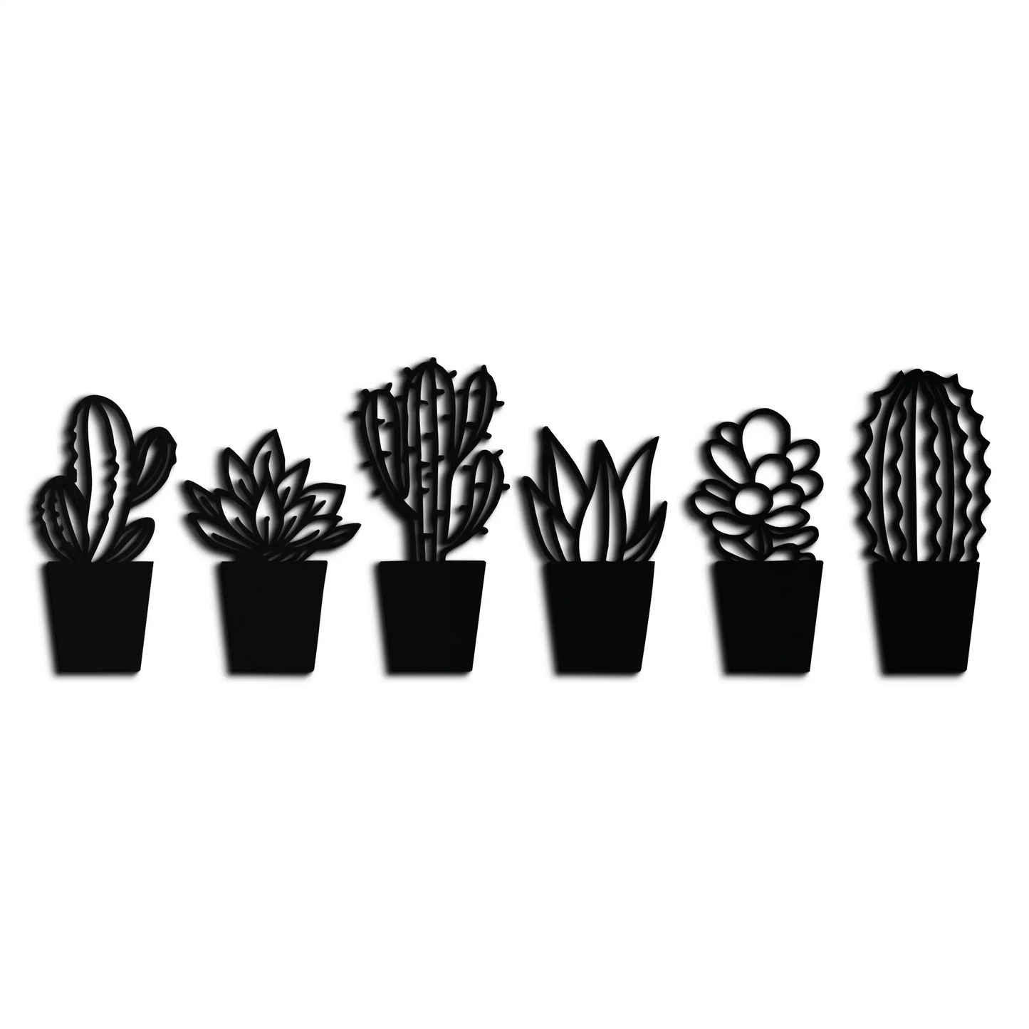 Cactus and succulent metal wall art in black featuring six potted plant silhouettes on Tampa Home & Garden Store