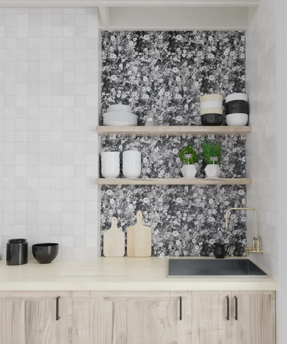 Cali Flowers Wallpaper Black and White Midnight floral wallpaper used as kitchen wall on Tampa Home & Garden Store