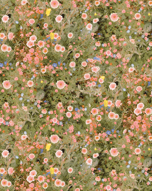 Cali Flowers Wallpaper Peachy Green floral pattern with pink blossoms and blue accents on Tampa Home & Garden Store