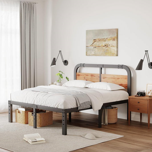 California King Heavy Duty Black Metal Bed Frame with Wood Panel Headboard - Tampa Home & Garden Store