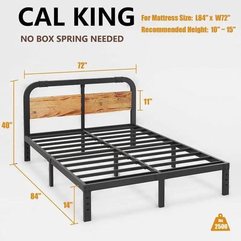 California King Bed Frame with Wood Headboard in black metal with wood panel on Tampa Home & Garden Store