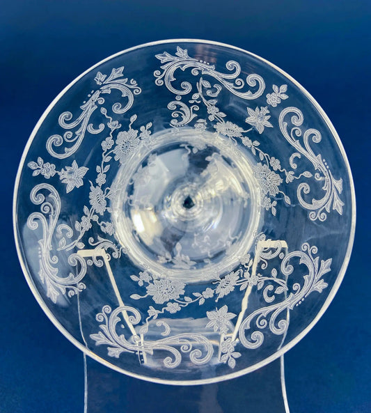 Cambridge Chantilly sherbet wine glasses, clear etched floral scroll stemware, set of nine on Tampa Home & Garden Store