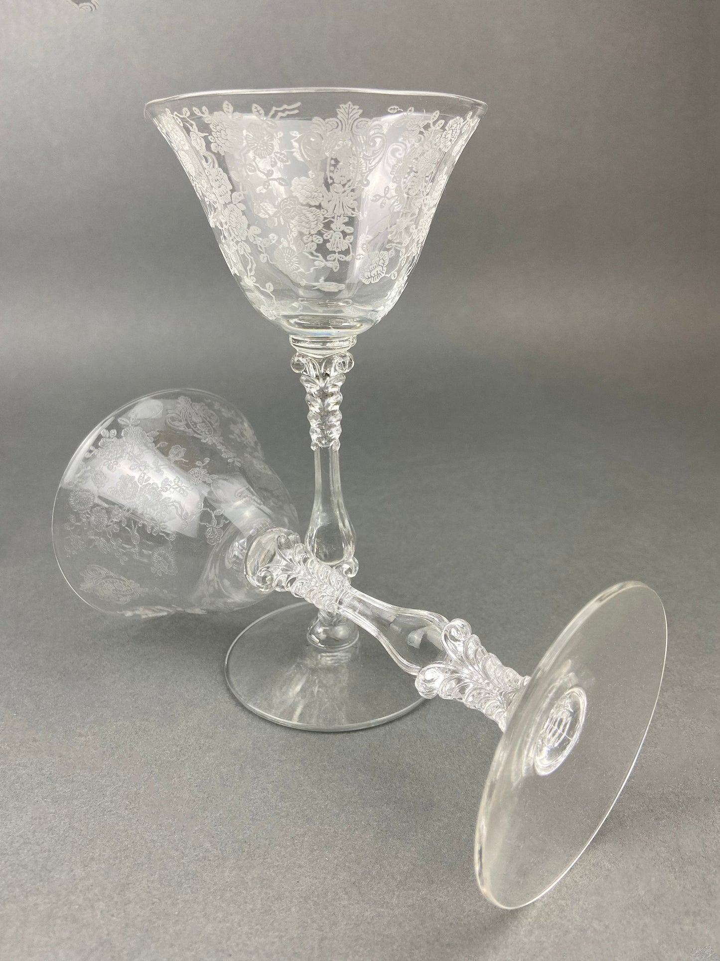 Cambridge Crystal Claret Wine Glasses. Rosepoint Motif. Eight Etched Floral Motif Crystal Glassware. Fine Dining. Holiday, Everyday Stemware - Tampa Home & Garden Store