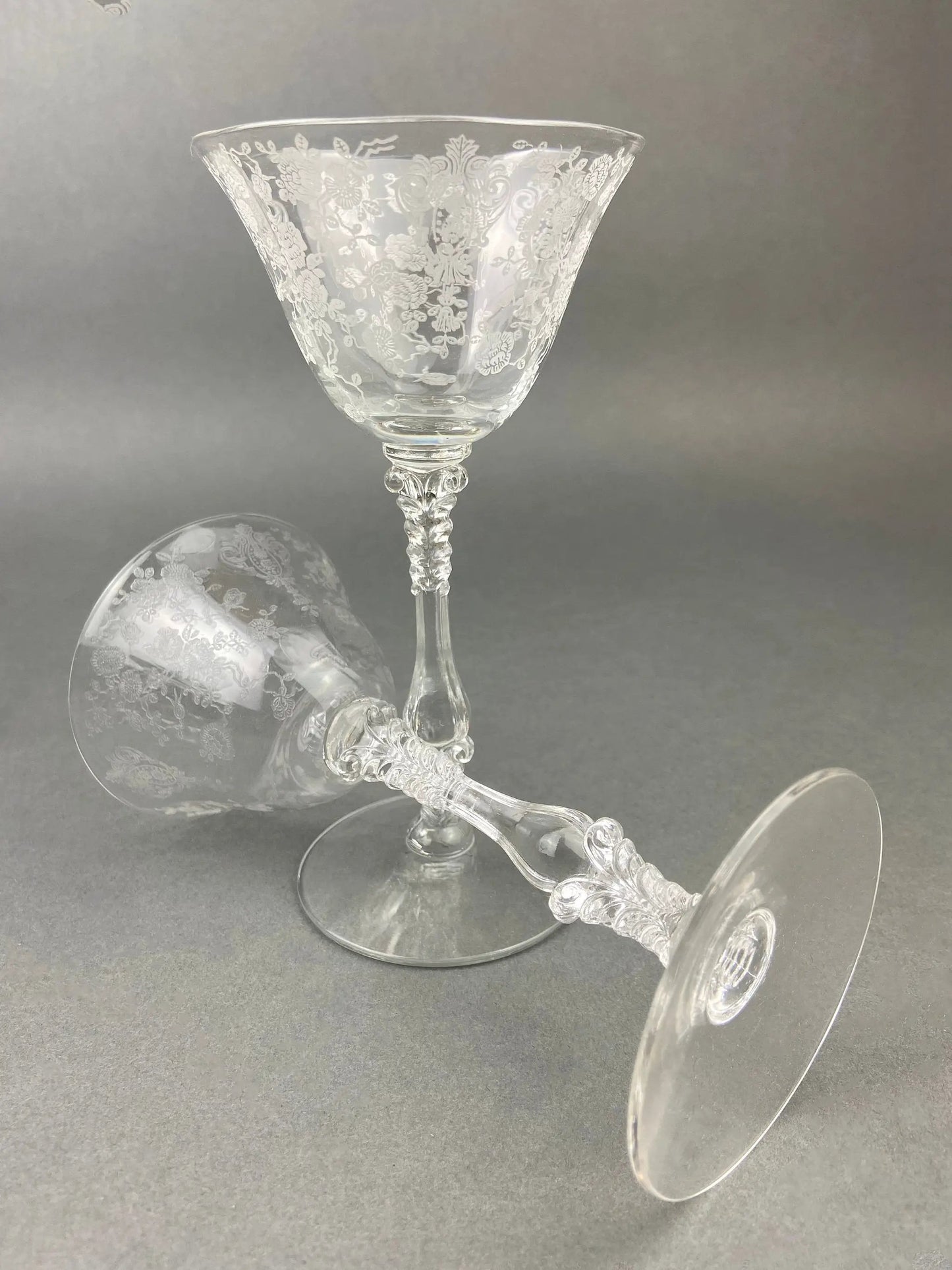 Cambridge Crystal claret glasses with Rosepoint etched floral motif, set of two on Tampa Home & Garden Store