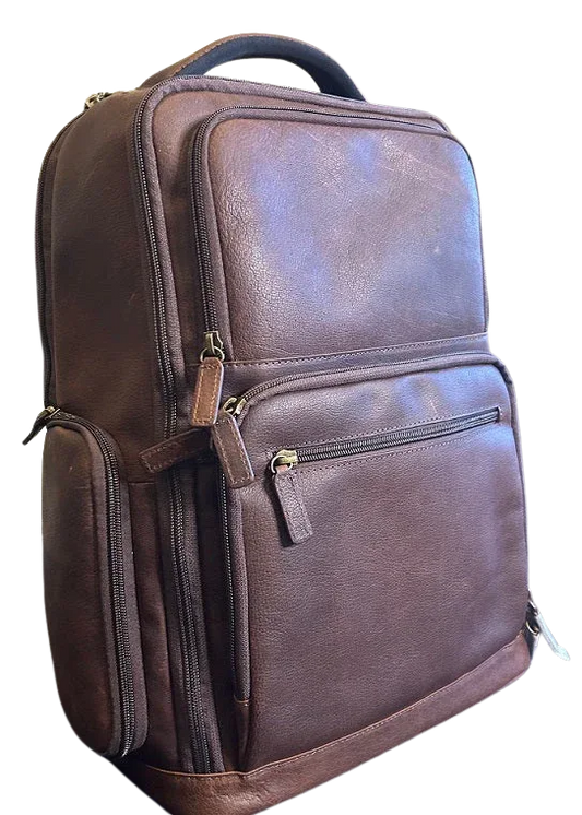 Cambridge Full Grain Leather Backpack for Men brown leather with multiple zip pockets and top handle on Tampa Home & Garden Store