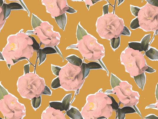 Camellia wallpaper mustard peel-and-stick with pink blooms and green leaves on Tampa Home & Garden Store