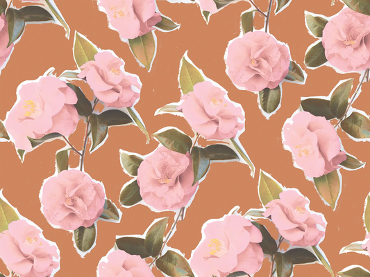 Camellia wallpaper rust pink flowers on peel-and-stick vinyl with green leaves on Tampa Home & Garden Store