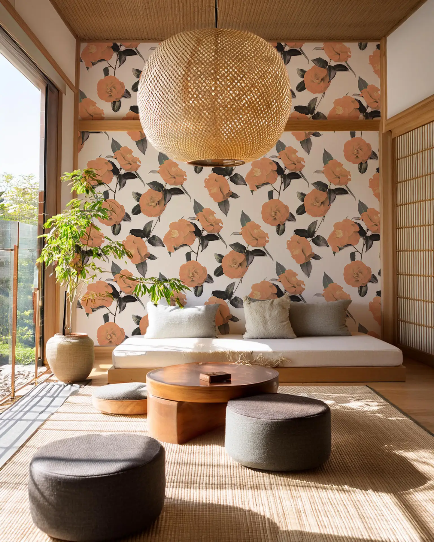 Camellia wallpaper by Samantha Santana Creative in white and orange blooms on Tampa Home & Garden Store