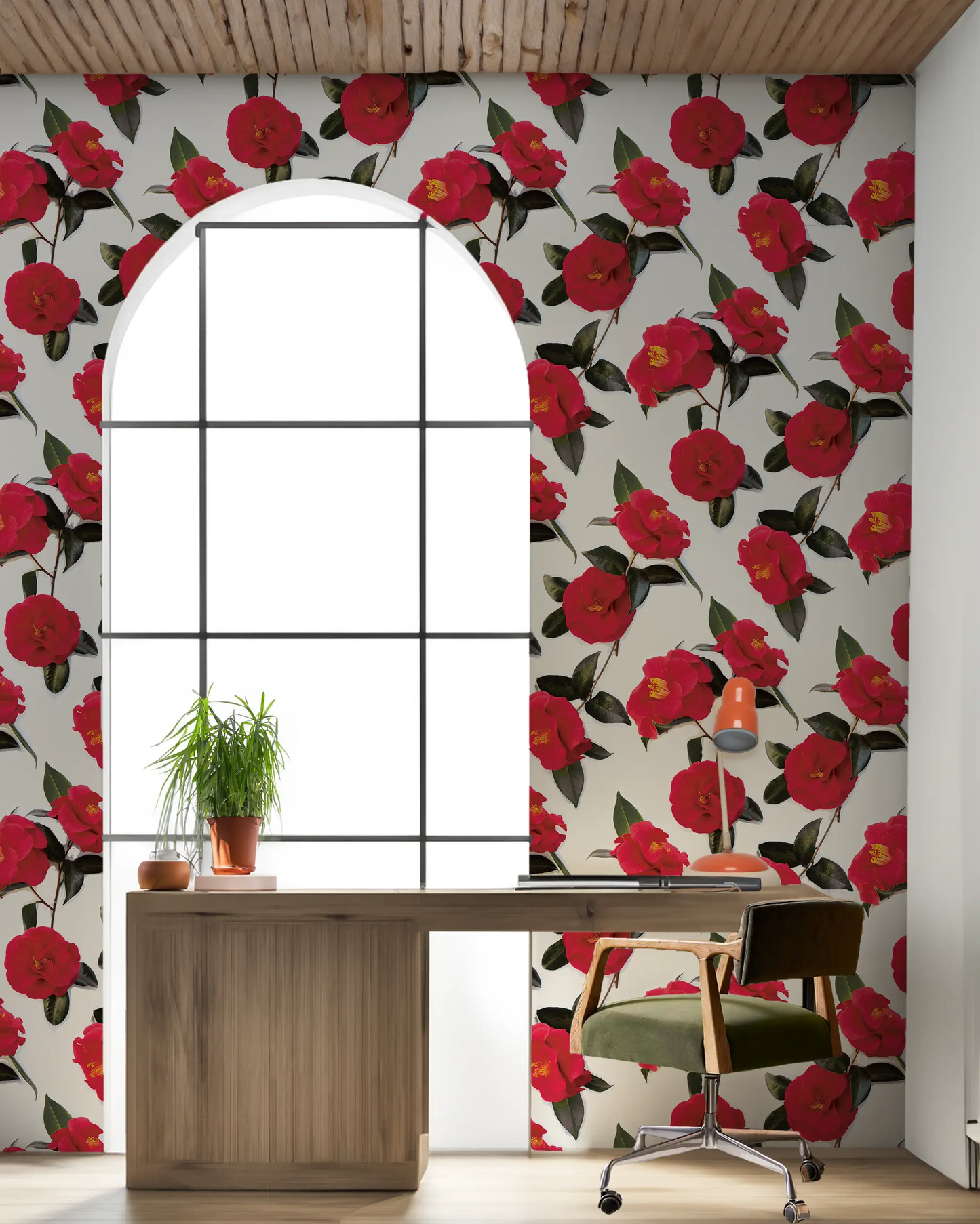 Camellia wallpaper with red blooms and leaves on white background by Samantha Santana Creative on Tampa Home & Garden Store