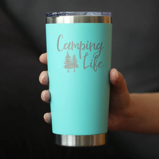 Camping Life 20 oz tumbler teal by bevvee with tree graphic on Tampa Home & Garden Store
