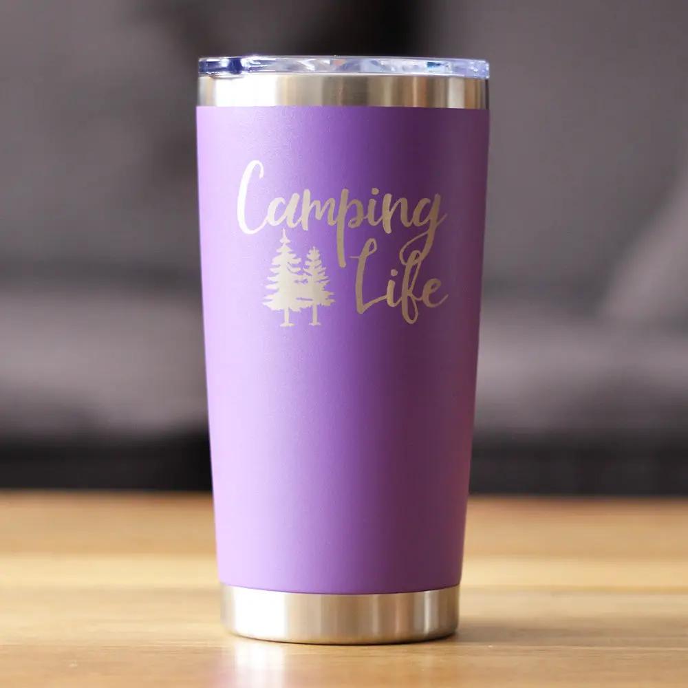 Camping Life 20 oz tumbler by bevvee in purple with gold logo and stainless steel accents on Tampa Home & Garden Store
