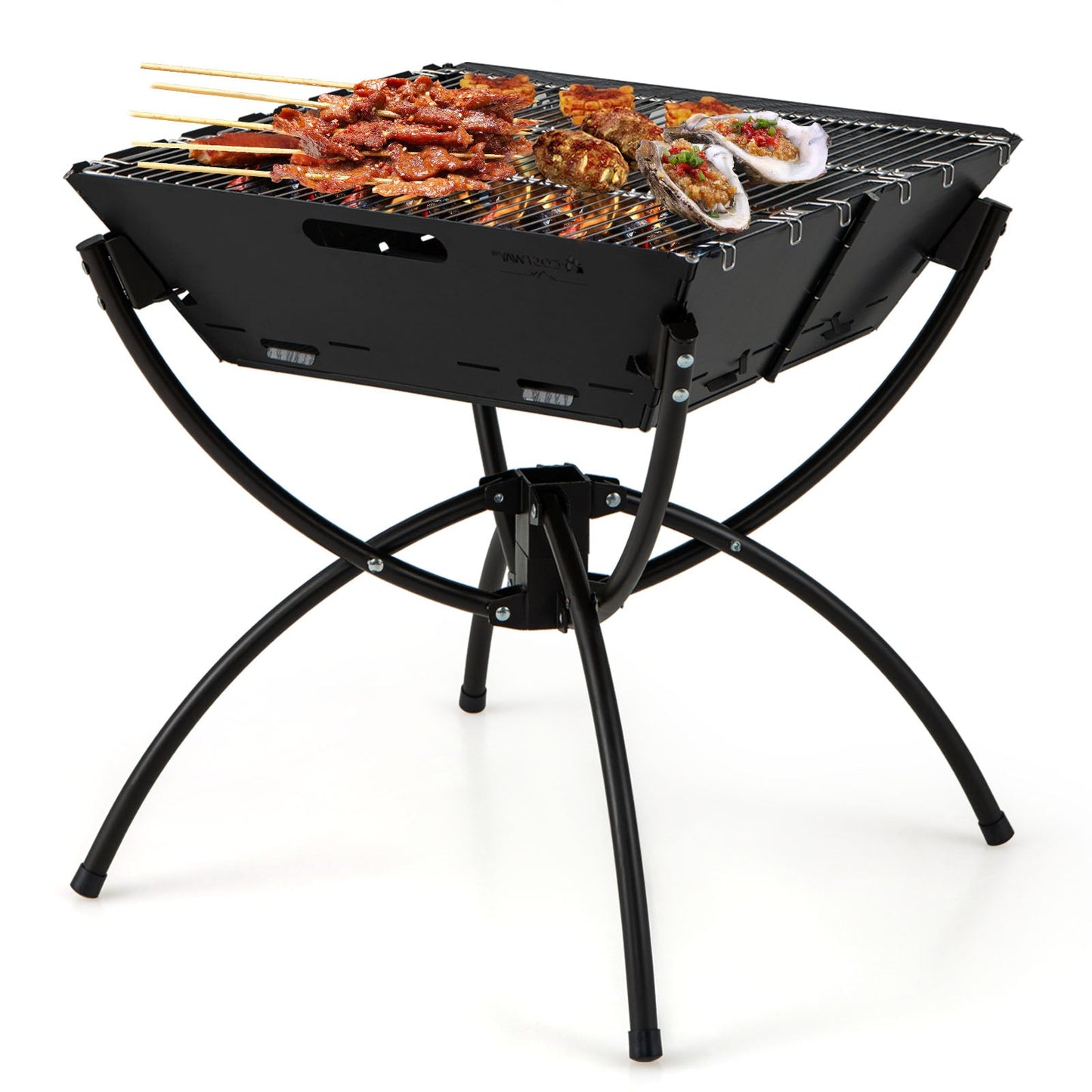 Parrilla 3 en 1 para fogata de campamento con rejillas de acero inoxidable, bolsa de transporte y guantes - Plateado