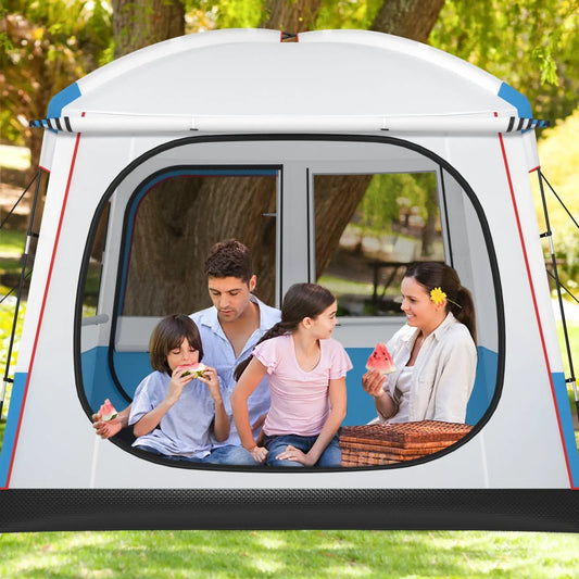 5 Person Camping Tent white with mesh windows, family inside enjoying watermelon on Tampa Home & Garden Store