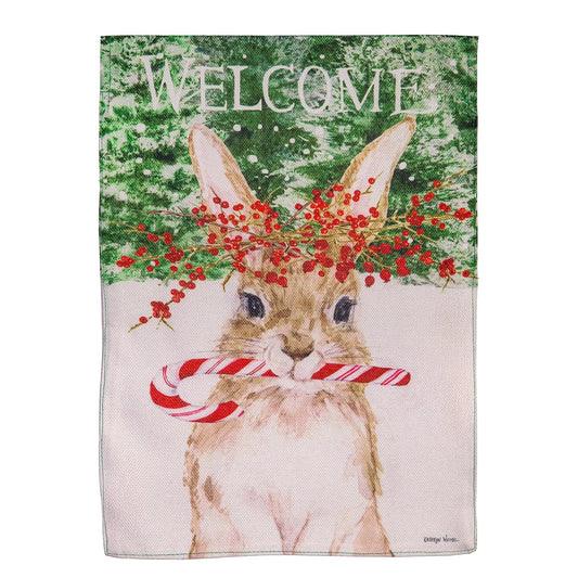 Candy Cane Rabbit Burlap Garden Flag by Evergreen Enterprises in a green holiday scene on Tampa Home & Garden Store