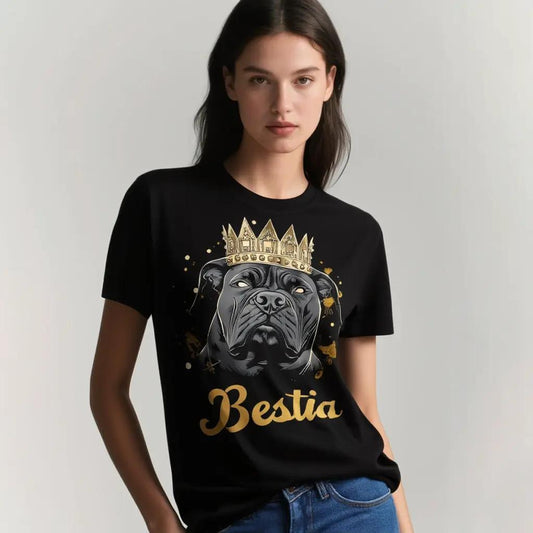 Cane Corso graphic tee in black with gold crowned dog illustration and Bestia Dog Gear on Tampa Home & Garden Store
