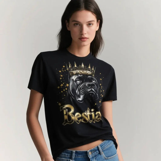 Cane Corso Black Cotton Tee Shirt by Bestia Dog Gear with gold crown graphic on Tampa Home & Garden Store