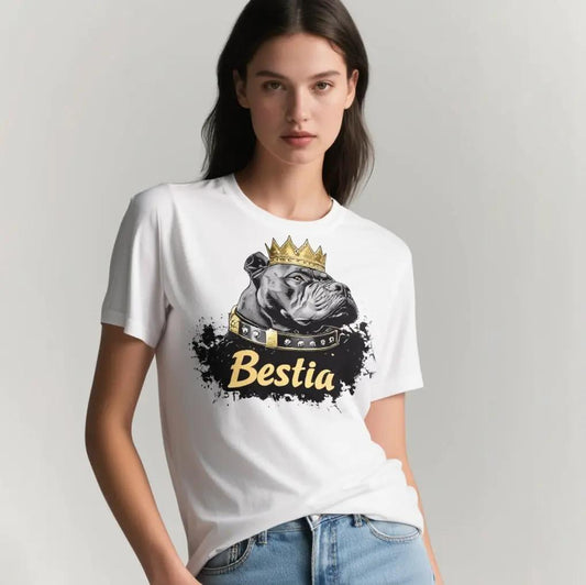 White Cane Corso T-shirt with crowned dog graphic and gold Bestia logo on Tampa Home & Garden Store